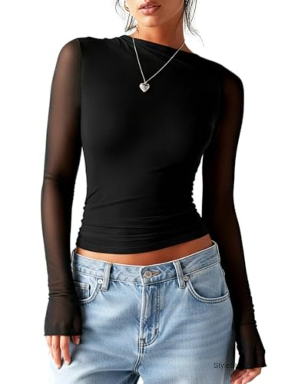 Sheer Mesh Long Sleeve Shirt Fitted Asymmetric Boat Neck Going Out Top